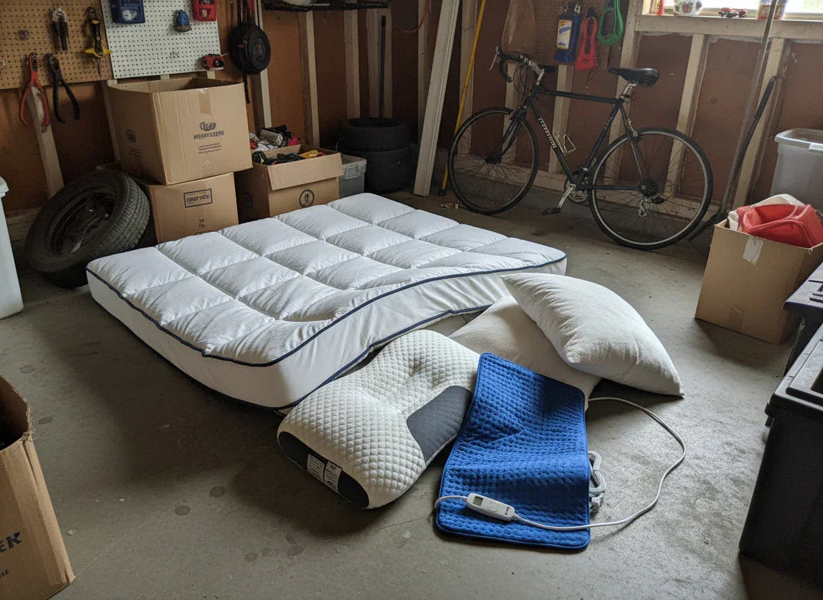 ガレージ内に置かれたマットレス、枕、青い電気毛布とダンボール箱、自転車
