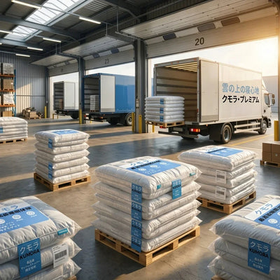 倉庫内に積まれたクモラ寝具、配送トラックと快適寝具の出荷シーン