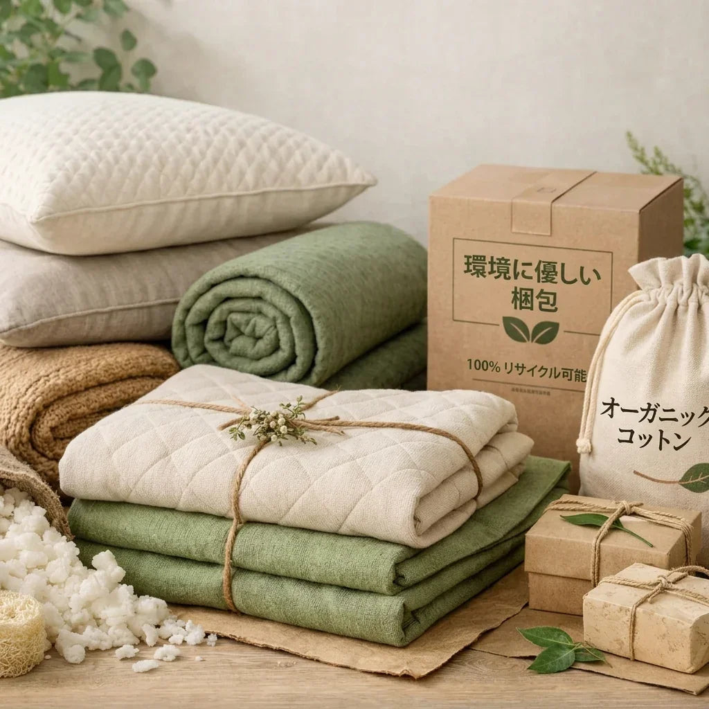 オーガニック綿布団と枕、再利用可能なエコ包装、ナチュラルカラーの寝具セット