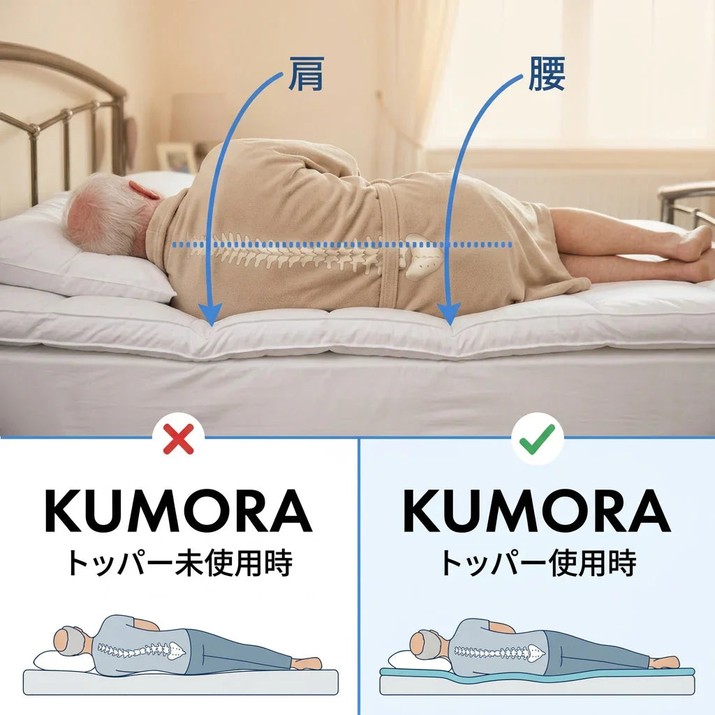 敷き布団トッパー使用前後で寝姿勢と背骨のサポートを比較したイメージ画像